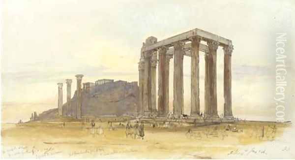 The Temple of Olympian Zeus with the Acropolis beyond, Athens Oil Painting by Edward Lear