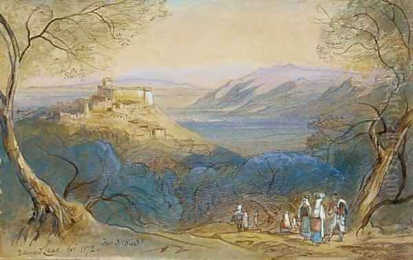 View of the Castello Caetani and the hill-town of Sermoneta, Lazio, Italy Oil Painting by Edward Lear