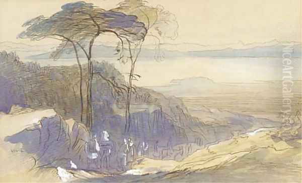 Greek figures and mules on a rocky track, Crete Oil Painting by Edward Lear