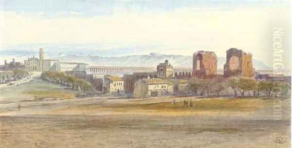 St John Lateran and the Claudian Aqueduct, Rome, Italy Oil Painting by Edward Lear