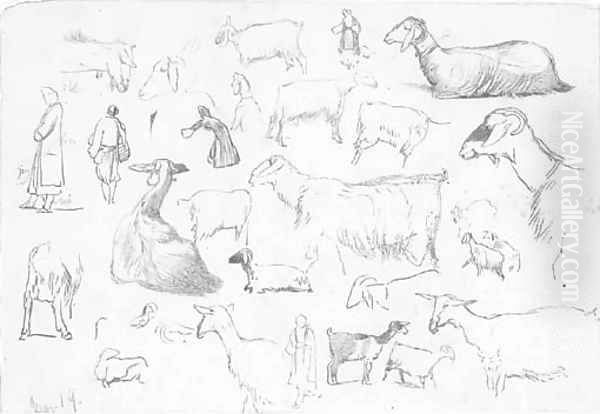 Studies of sheep and herdsmen Oil Painting by Edward Lear