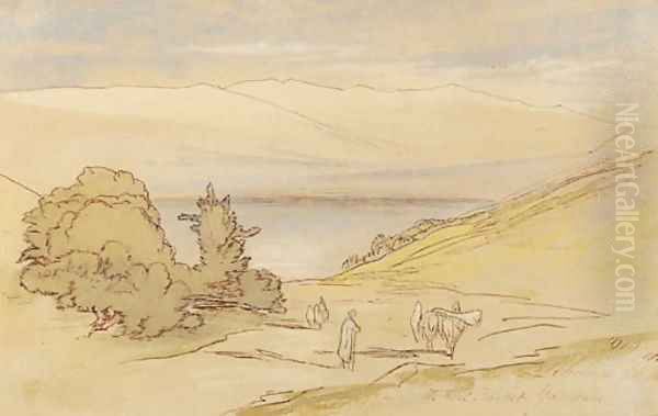 View of Lebanon, with a muleteer in the foreground and an extensive lake view beyond Oil Painting by Edward Lear