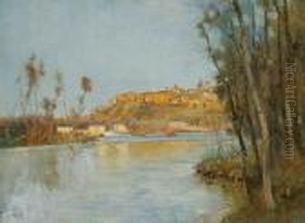 View Of A Riverside Town Oil Painting by Alexandre Gabriel Decamps