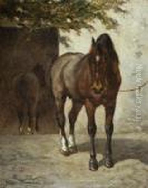 Chevaux Pres De L'ecurie Oil Painting by Alexandre Gabriel Decamps