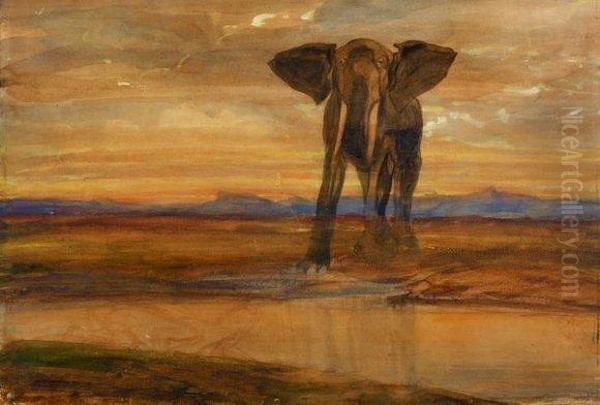  Tigre Et Elephant A La Source  Oil Painting by Alexandre Gabriel Decamps