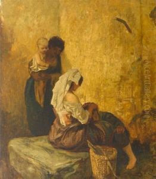 Interior With Mother And Children Oil Painting by Alexandre Gabriel Decamps