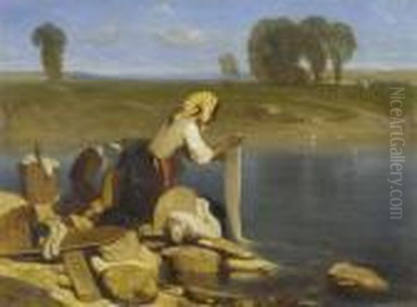 Laundresses By A Lake Oil Painting by Alexandre Gabriel Decamps