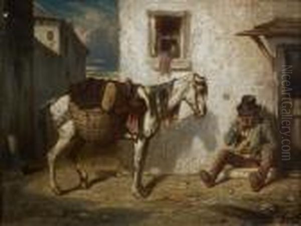 Cavalier Et Sa Monture A L'arret Oil Painting by Alexandre Gabriel Decamps