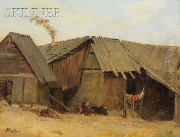 Peasant Shacks With Clothesline Oil Painting by Alexandre Gabriel Decamps