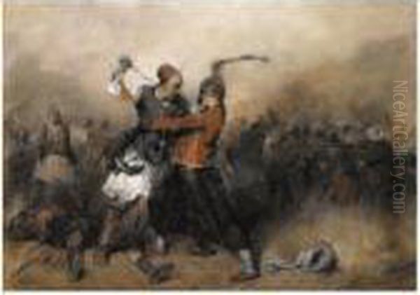 Battle Between A Greek And A Turk Oil Painting by Alexandre Gabriel Decamps