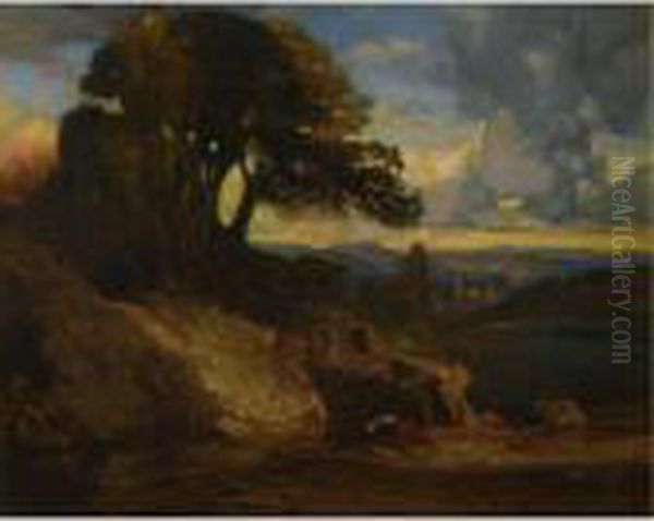 Landscape At Sunset Oil Painting by Alexandre Gabriel Decamps