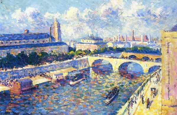 Paris, the Seine and the Quai de la Megisserie viewed from the Quai de Horloge Oil Painting by Maximilien Luce