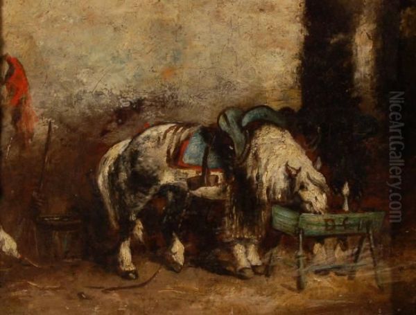 Draw Horse At The Feeding Trough Oil Painting by Alexandre Gabriel Decamps