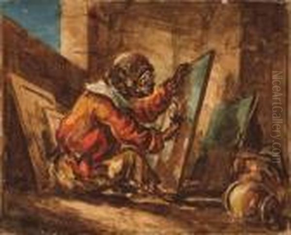 Le Singe Expert En Tableaux. Oil Painting by Alexandre Gabriel Decamps