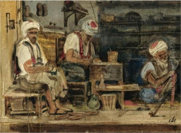 Cobblers In The Souk Oil Painting by Alexandre Gabriel Decamps