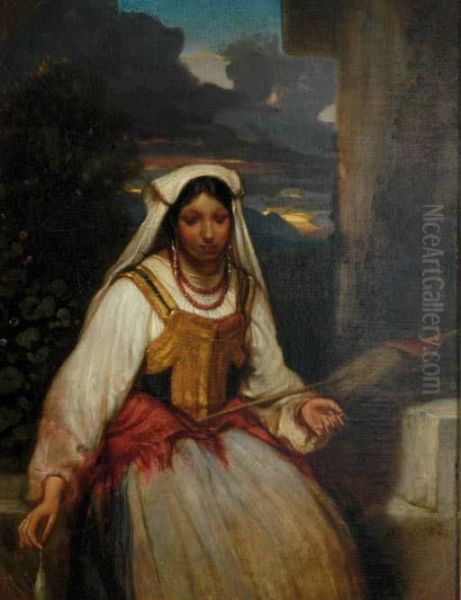 A Peasant Girl With A Distaff Oil Painting by Alexandre Gabriel Decamps