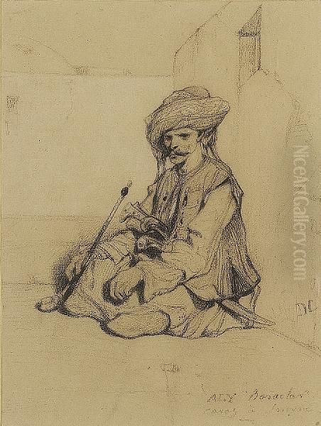 A Seated Turk Oil Painting by Alexandre Gabriel Decamps