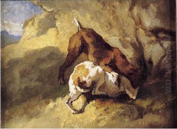 Deux Chiens Traquant Une Proie Dans Une Taniere Oil Painting by Alexandre Gabriel Decamps