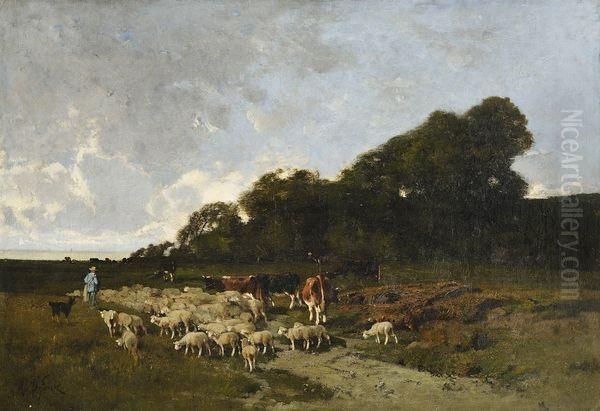 Moutons Et Vaches En Pature Oil Painting by Alexandre Defaux