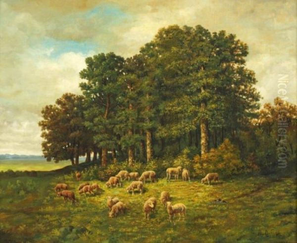 Les Moutons A Clairiere Oil Painting by Alexandre Defaux