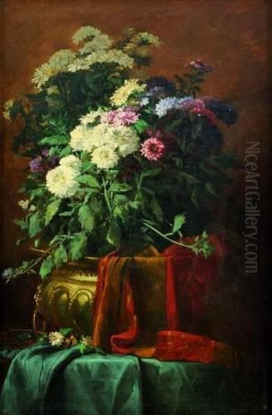 Bouquet De Fleurs Dans Un Bassin En Cuivre Oil Painting by Alexandre Defaux