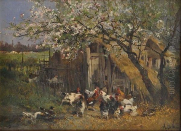 Poules Sous Les Cerisiers En Fleurs Oil Painting by Alexandre Defaux