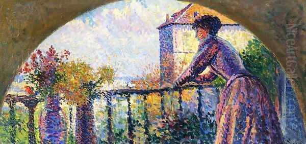 Paris, Rue Cortot, Madame Luce on the Balcony Oil Painting by Maximilien Luce