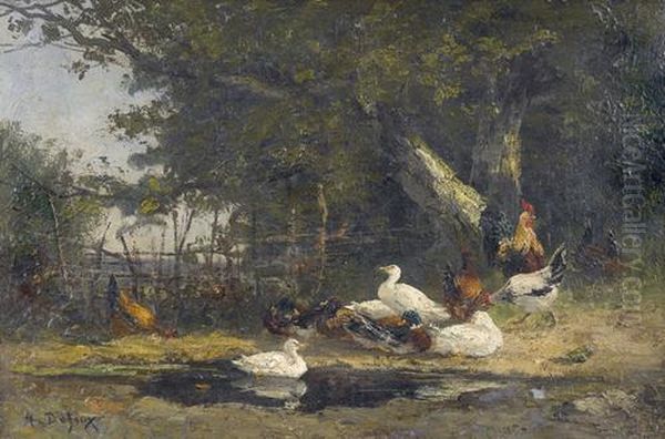 Weiher Mit Enten Und Huhnerschar. Oil Painting by Alexandre Defaux