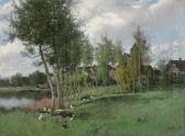 Le Hameau Et Les Canards Au Bords De La Mare Oil Painting by Alexandre Defaux