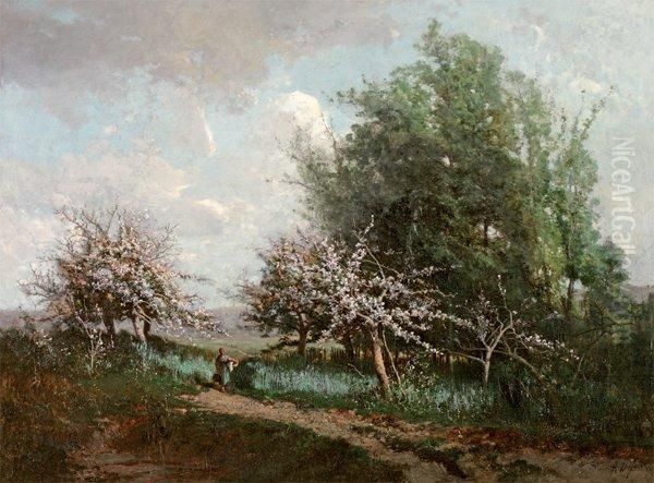 La Rentree Du Marche Sous Les Cerisiersen Fleurs Oil Painting by Alexandre Defaux