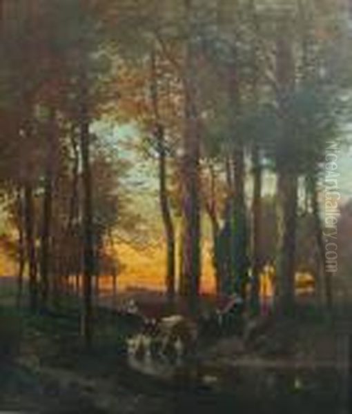 A Wooded Grove With A Cowherd And Cattle Resting By A Stream Oil Painting by Alexandre Defaux