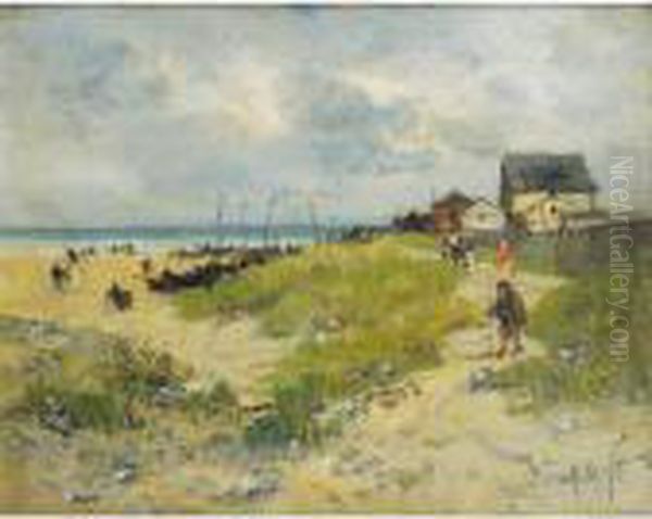 Le Chemin Au Bord De La Plage [ ;
 The Path By The Seaside ; Oil On Panel ; Signed Lower Right] Oil Painting by Alexandre Defaux