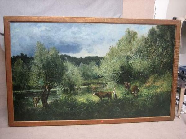  Paysanne Menant Ses Vaches A La Riviere  Oil Painting by Alexandre Defaux