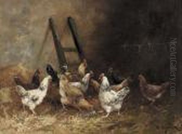 Hahn Mit Hennen Im Stall. Oil Painting by Alexandre Defaux