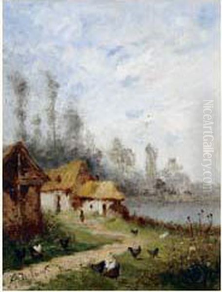 Paysage A L'etang, Aux Poules Et A La Ferme Oil Painting by Alexandre Defaux