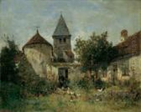 Kirchhof Mit Huhnerfutterndem 
Cure. Signiert Unten Rechts: A. Defaux. Ol Auf Leinwand. H 68; B 85 Cm. Oil Painting by Alexandre Defaux