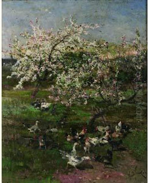 Printemps, Poules, Coqs Et Canards... Sous Le Pommier En Fleurs Oil Painting by Alexandre Defaux