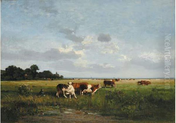 Le Troupeau De Vaches En Normandie, Circa 1875 Oil Painting by Alexandre Defaux