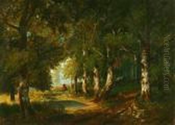 Barbizon Landscape With Figure Oil Painting by Alexandre Defaux