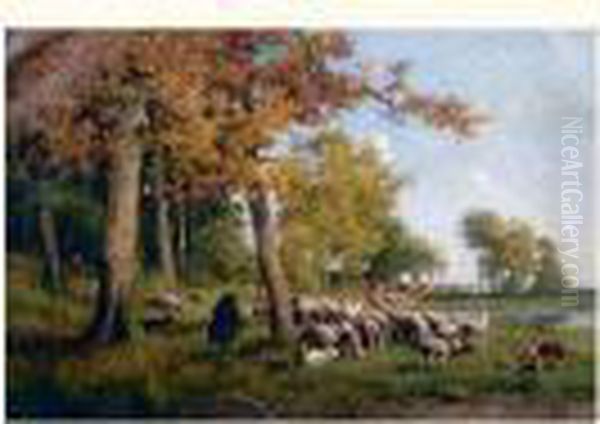 Berger Et Moutons Au Bord D'un Etang. Oil Painting by Alexandre Defaux