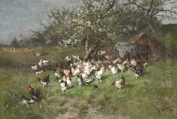 Printemps, Poules Sous Le Pommier En Fleurs Oil Painting by Alexandre Defaux