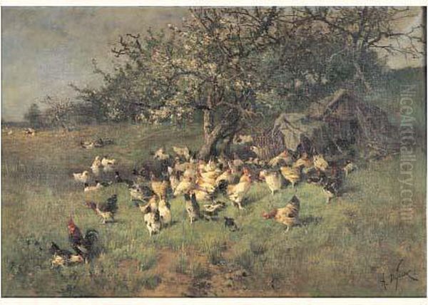 Printemps, Poules Sous Le Pommier En Fleurs Oil Painting by Alexandre Defaux