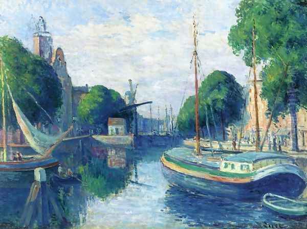 Barges on a Canal at Rotterdam Oil Painting by Maximilien Luce