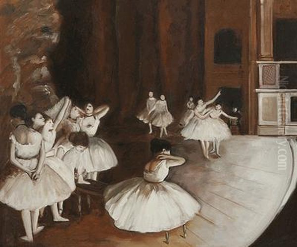 Ballet Rehearsal On The Stage Oil Painting by Edgar Degas