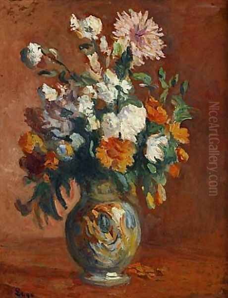 Red Flowers in a Vase Oil Painting by Maximilien Luce