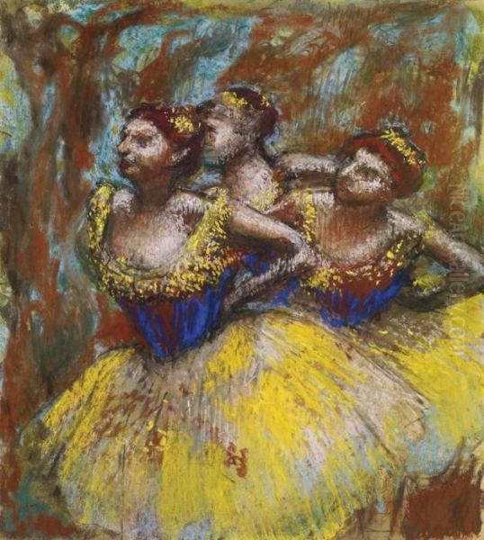 Trois Danseuses (jupes Jaunes, Corsages Bleus) Oil Painting by Edgar Degas