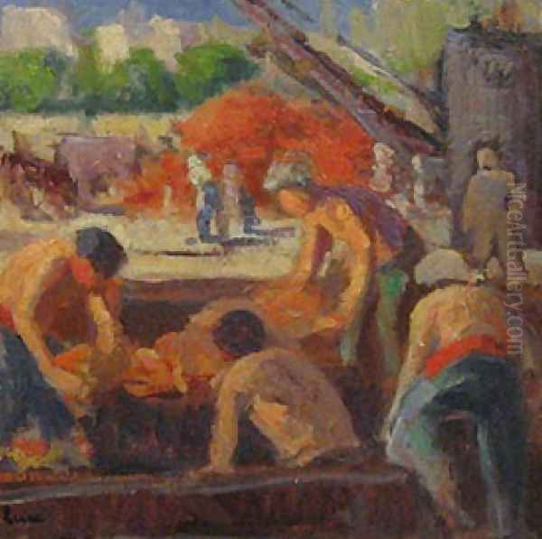 Workers Loading a barge Oil Painting by Maximilien Luce