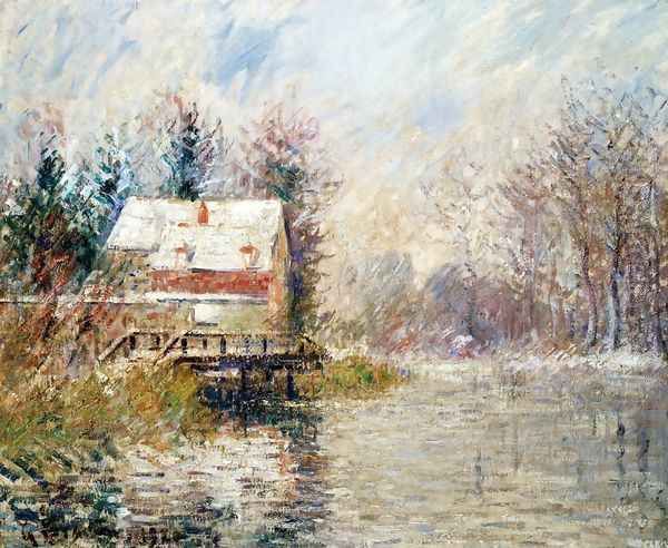 House by the Water, Snow Effect Oil Painting by Gustave Loiseau