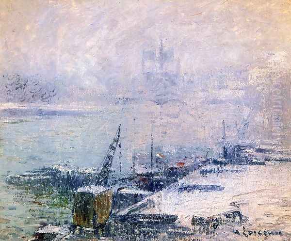 The Pont Henri IV - Notre Dame de Paris in the Snow Oil Painting by Gustave Loiseau