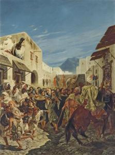 Musiciens Juifs Dans Les Rues De Tetuan Oil Painting by Alfred Dehodencq